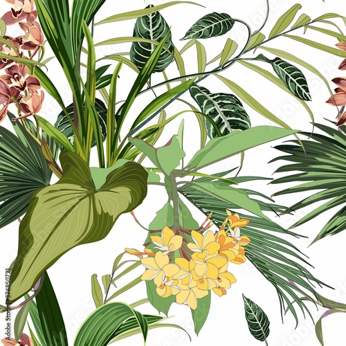 Tropical orchid, plumeria flowers seamless pattern with bright green leaves on white background. Exotic tropical garden for wedding invitations, greeting card and fashion design.
