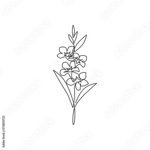 Single continuous line drawing of beauty fresh evergreen jasmine flower for home wall decor art print. Decorative poster jasminum concept. Modern one line draw design vector graphic illustration