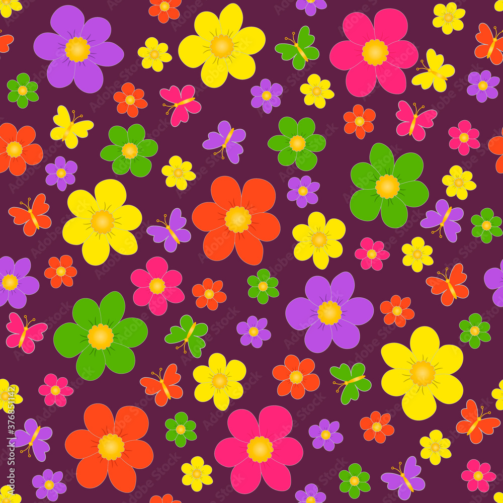 colorful seamless, pattern   flower on a lilac  background, vector illustration