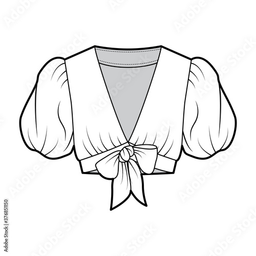 Tie-front cropped shirt technical fashion illustration with voluminous short puff sleeves, plunging neckline. Flat blouse apparel template front, white color. Women, men, unisex top CAD mockup. 