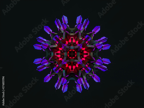 Abstract 3d geometric crystal mandala flower with neon light. faceted gem, winter snowflake. © mim.girl