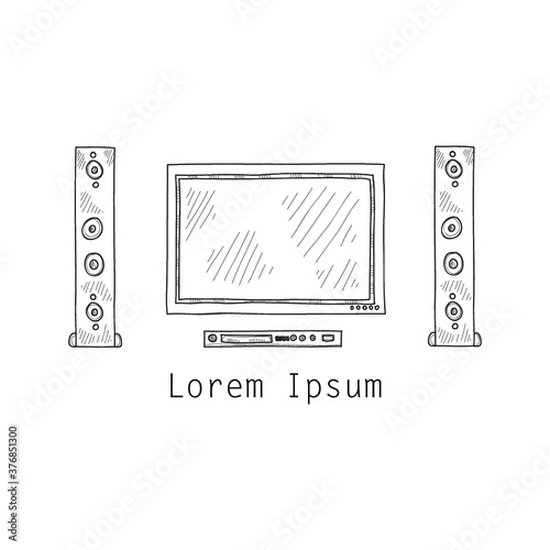 Composition with cute hand drawn TV screen, 
loudspeakers and DVD player. Vector