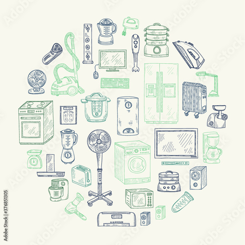 Round composition with cute hand drawn house appliances. Vector appliances collection