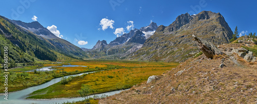 Panoramic view of the Italian Alps from the Mont Blanc massif in Val Veny