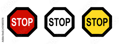 Stop Sign Set - Red, White And Yellow Vector Illustrations - Isolated On White Background