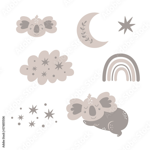 Good night isolated elements Cute Baby design. Sweet dreams clipart Sleeping koala, rainbow, cloud, moon, star
