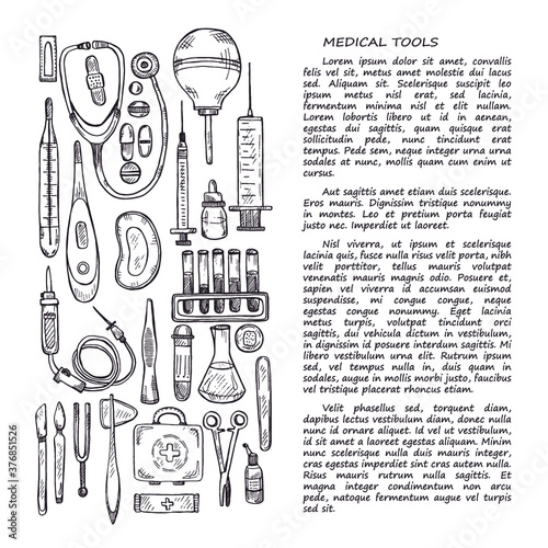 Hand drawn medical card template including equipment , medical tools and drugs. Vector hand drawn medical collection