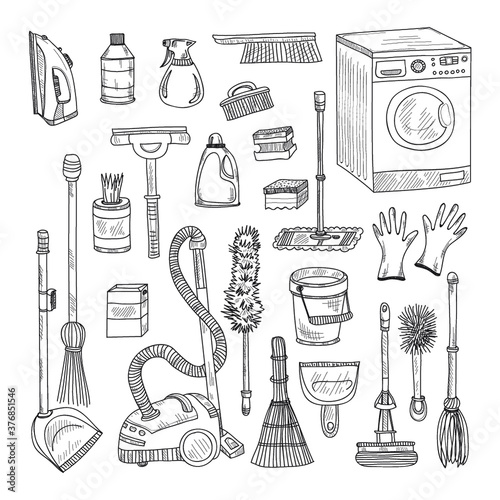 Set of cute hand drawn house cleaning tools. Vector cleaning collection