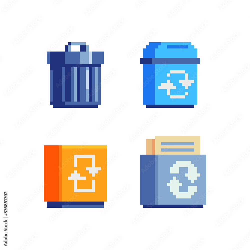 Package recycle bin. Garbage container icon. Trash Can. Pixel art flat