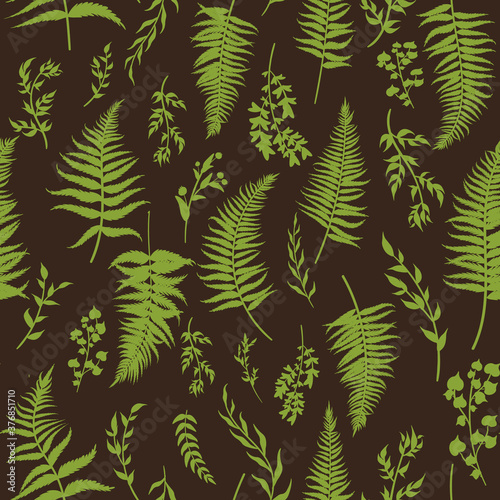Seamless pattern, hand drawing, vintage style. Green ferns and forest plants on a dark background