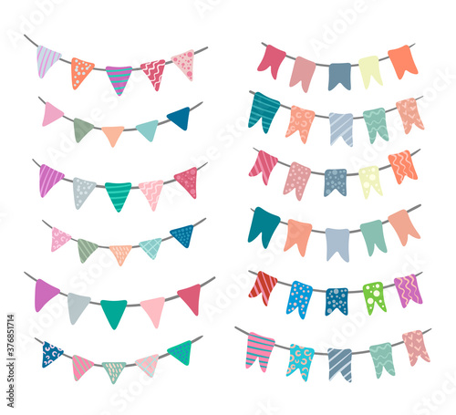 Collection of festive garlands, flags and decor on a white background. Hand drawing, congratulation, card