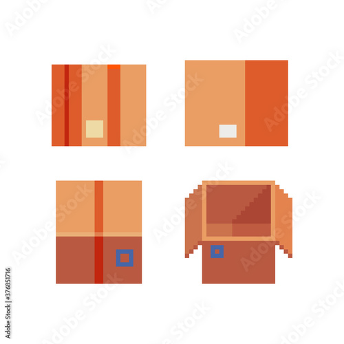 Carton box pixel art icons set, paper boxes open and closed. Isolated vector illustration. Design for logo and app.