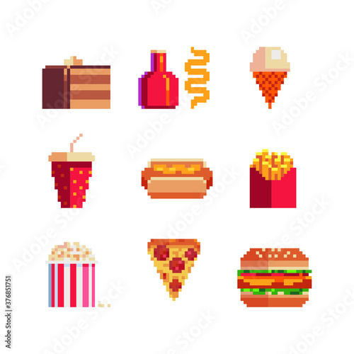 Fast food pixel art icons set hot dog, fried potato, pizza and hamburger isolated vector illustration element design stickers, logo, mobile app, menu. Game assets 8-bit sprite. 