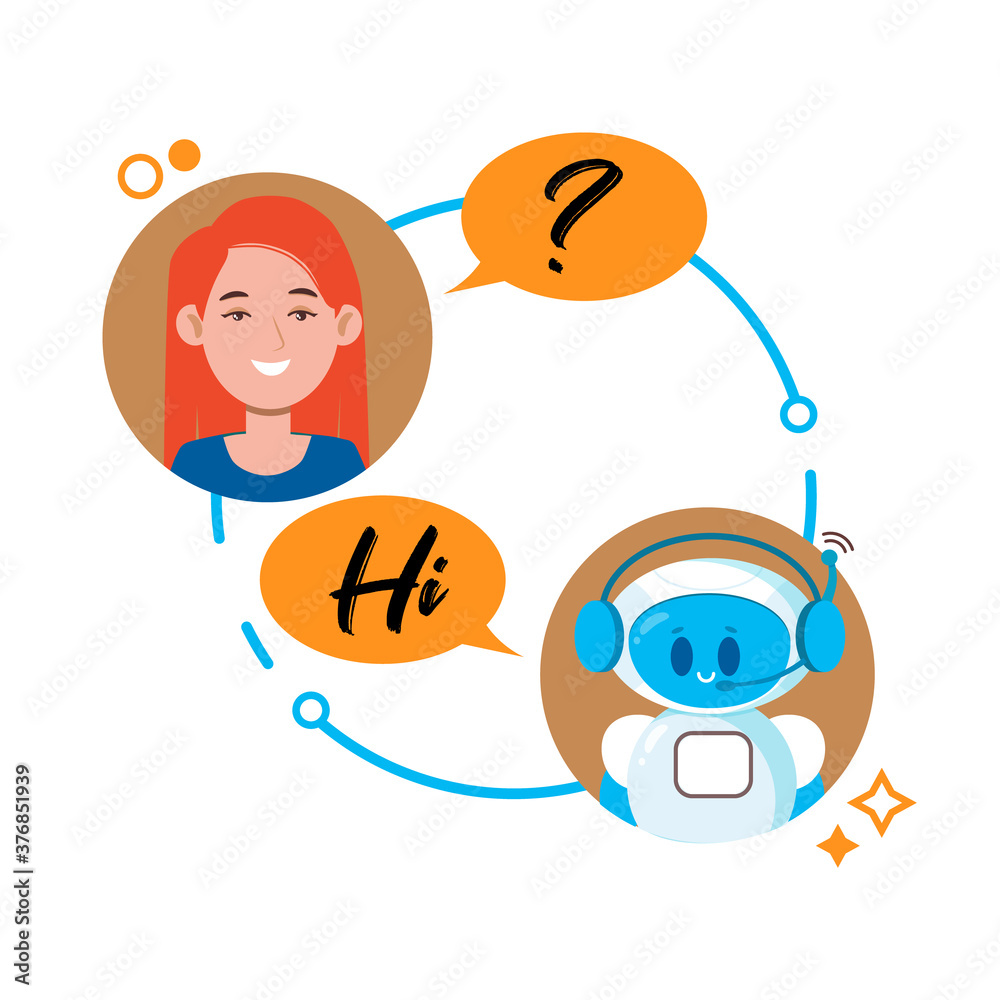 Chatbot concept. Woman chatting with cute robot chat bot. Vector flat cartoon character illustration for site, banners, web, mobile application isolated on white background.