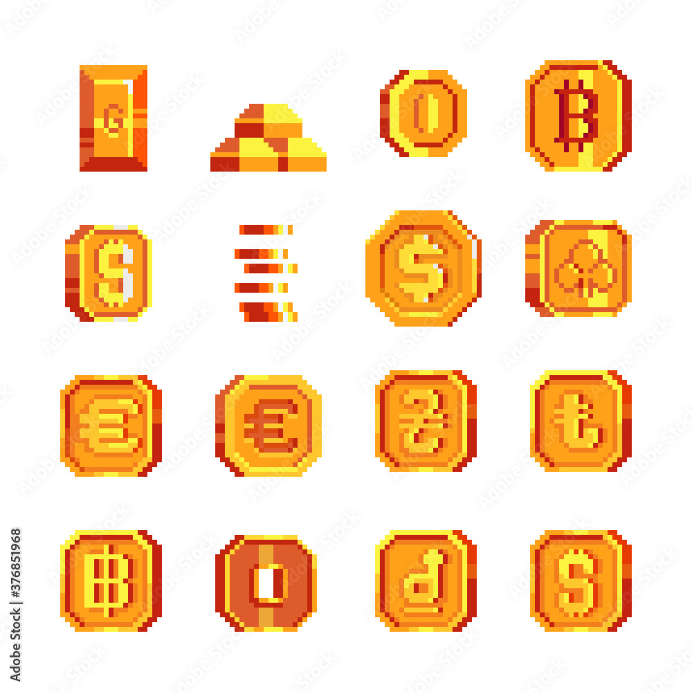 Golden money symbols pixel art icons set. Currency dollar, bitcoin ...