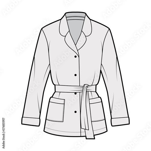 Belted pajama-style wrap shirt technical fashion illustration with relaxed fit, rounded notch collar, long sleeves, square pockets. Flat apparel template front grey color. Women men blazer CAD mockup photo