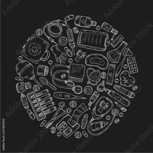 Perfect circle medical composition with hand drawn equipment, medical tools and drugs. Hand drawn medical card template. Vector