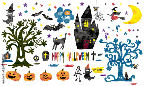 ハロウィン　halloween　魔女　かぼちゃ　黒猫
木　おばけ　ガイコツ　城　こうもり　墓　クモ