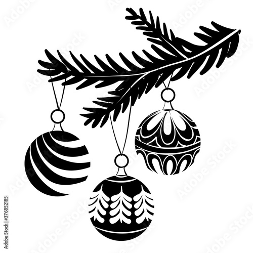 decorative christmas balls viast on a decorative branch in black color, vector illustration, isolated object on a white background, photo
