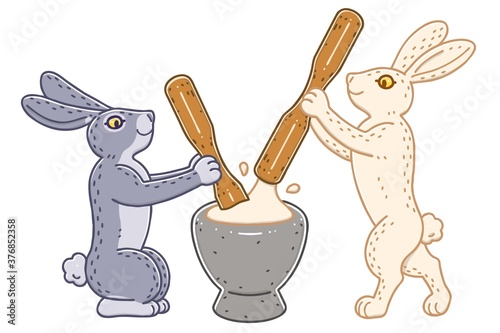 Moon rabbits pounding the rice cake. Colored vector illustrations set.