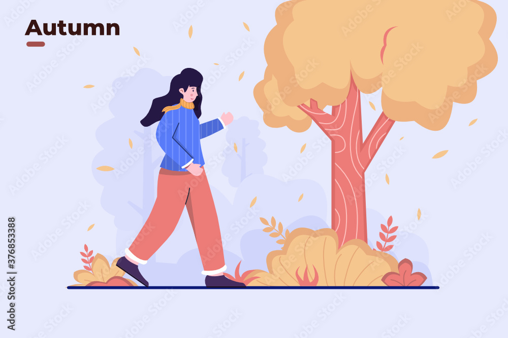Woman walks in the autumn park with fresh air and falling leaves. fall season at forest. jogging sport at autumn. vector illustration flat design. can be used for website, animation, banner.