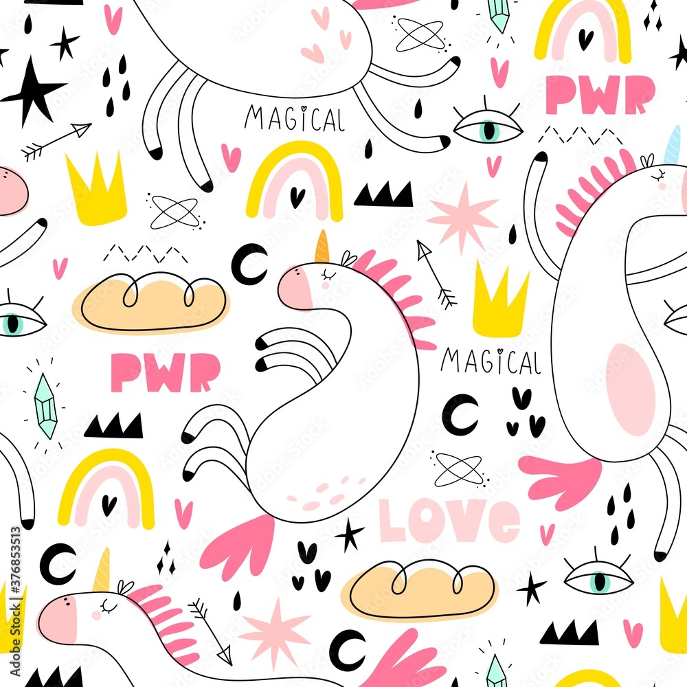 seamless pattern with cartoon unicorns, rainbows, clouds, decor elements. Magic. Colorful vector flat style for kids. Animals. hand drawing. baby design for fabric, print, wrapper, textile