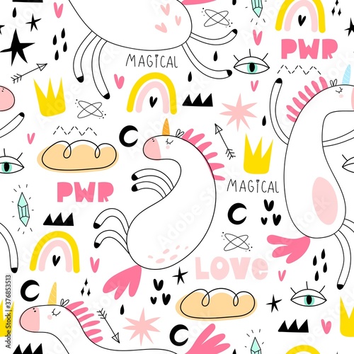 seamless pattern with cartoon unicorns  rainbows  clouds  decor elements. Magic. Colorful vector flat style for kids. Animals. hand drawing. baby design for fabric  print  wrapper  textile