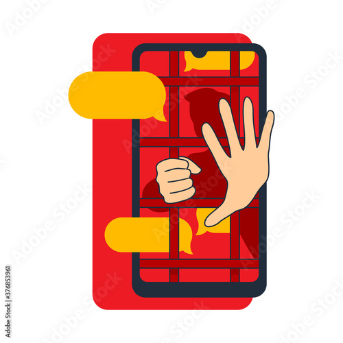 Internet social media addiction - human silhouette inside smartphone screen with prison bar - modern teens problem concept - isolated vector illustration