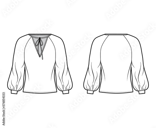 Tie-detailed neckline blouse technical fashion illustration with long raglan bishop sleeves, oversized, elongated hem. Flat apparel shirt template front back white color. Women, unisex top CAD mockup