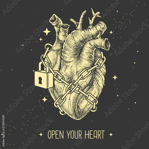 Modern magic witchcraft card with realistic human heart chained with a padlock on space background. Vetor illustration