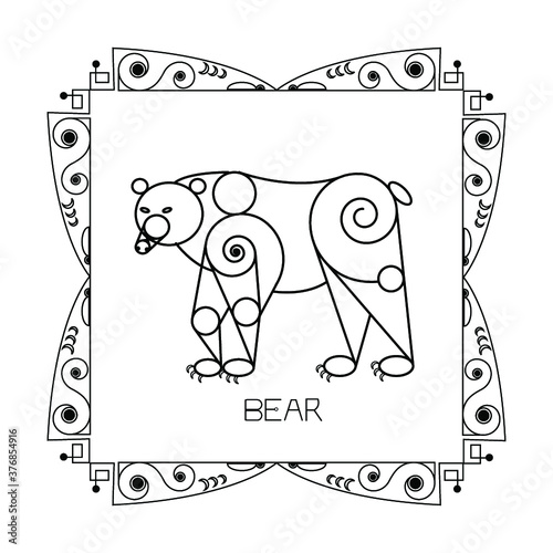 Vector illustration with black schematic, engineering bear in the ornate frame with text on white background