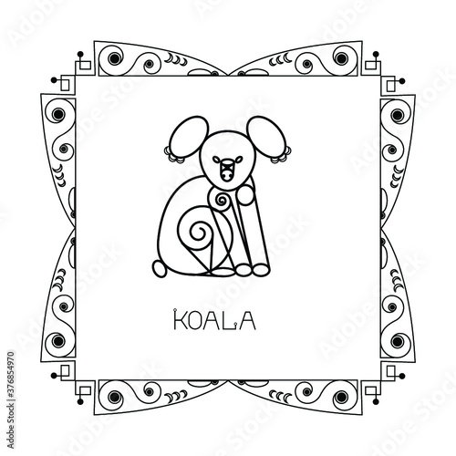 Vector illustration with black schematic, engineering koala in the ornate frame with text on white background