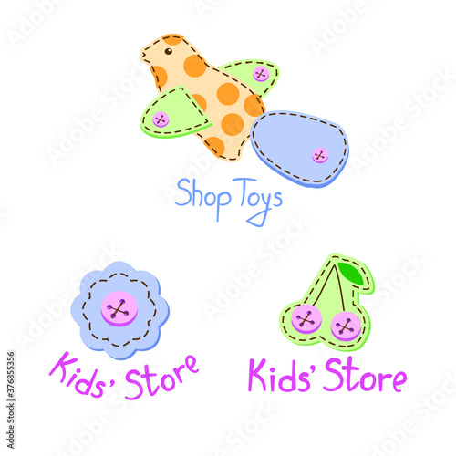 illustration with bird cherry, buttons with the inscription kids store and toy shop in the children's style