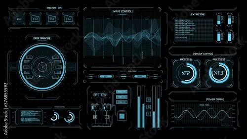 Futuristic user interface HUD. Game control target element. Technological neon digital background. Future radar screen. Blinking and switching indicators and statuses showing work of command center,pr