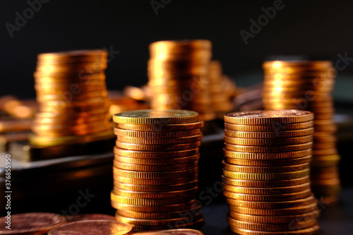 Close up of coins on table background, Coins stacked background and Advertising coins of finance and banking