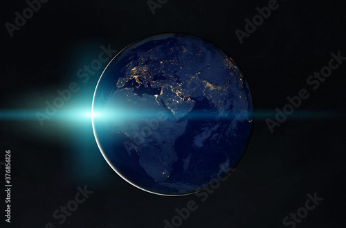 View of planet Earth at night with cities lights on Europe and Africa 3D rendering elements of this image furnished by NASA