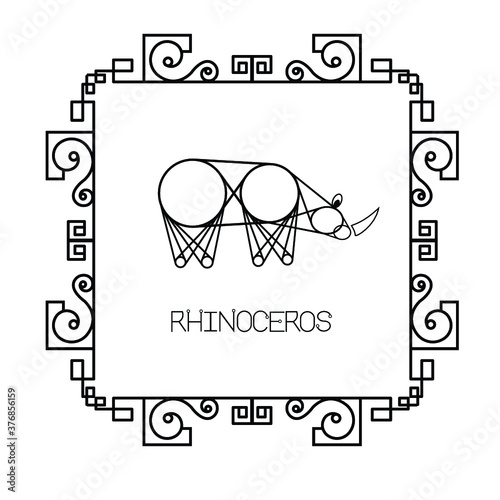 Vector illustration of a black rhino in engineering ornate frame for your design