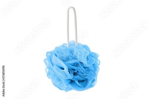 Blue soft bath puff or shower sponge isolated on white background