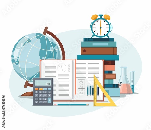 School supplies. Back to school, education background. Globe, calculator, ruler, books, school bag and alarm clock