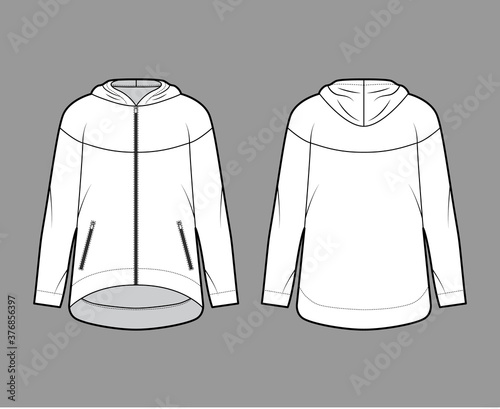 Zip-up oversized cotton-fleece hoodie technical fashion illustration with zipper jetted pockets, relaxed fit, long sleeves. Flat jumper template front, back, white color. Women, men sweatshirt top CAD