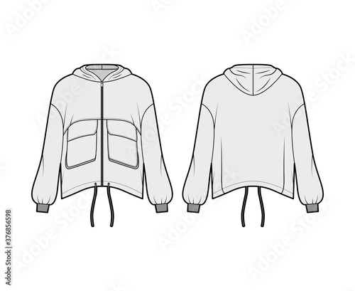 Zip-up hooded paneled track jacket technical fashion illustration with utility flap pockets, oversized, long sleeves, drawcord hem. Flat coat template front back grey color. Women, men, unisex top CAD