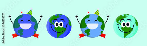 Cartoon cute smiling earth planet character isolated on blue background. Eath day concept design party poster template with funny kawaii earth globe