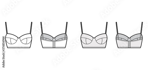 Bustier top technical fashion illustration with cropped length, molded cups, spaghetti straps. Flat bra swimwear lingerie template front, back, white, grey color. Women men unisex underwear CAD mockup