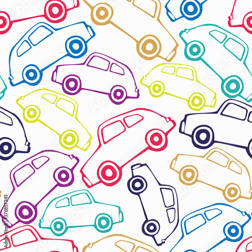 Vector seamless colorful pattern of ornamental vintage lined cars on white background. Perfect for table cloths, textiles, fabrics, wallpapers, wrapping paper, surfaces, backgrounds.