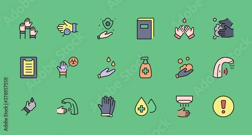 Set of Washing Hands Vector Line Icons. Contains such Icons as Coronavirus, Contactless Water Tap, Antiseptic, Washing Instruction, Hand Dryer, Soap and more. Editable Stroke. 32x32 Pixels.