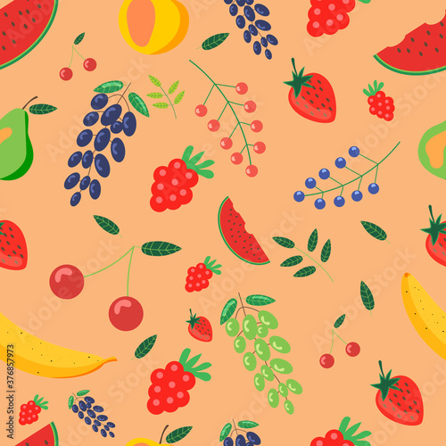 Fototapeta Naklejka Na Ścianę i Meble -  Seamless pattern of berries and fruits.On a beige background.Hand drawing Vector illustration.
