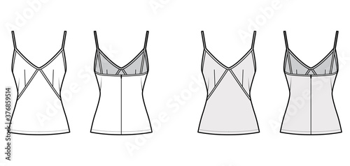 Camisole slip top technical fashion illustration with sweetheart neck, thin straps, slim fit, back zip fastening. Flat outwear tank template front, back, white, grey color. Women men unisex CAD mockup