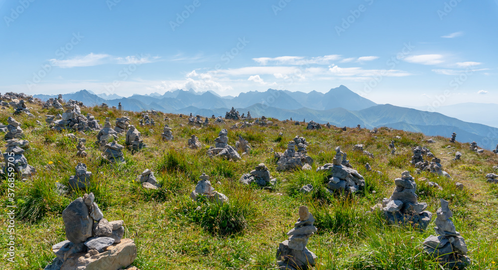 Multiple piles of stones on the top of the 