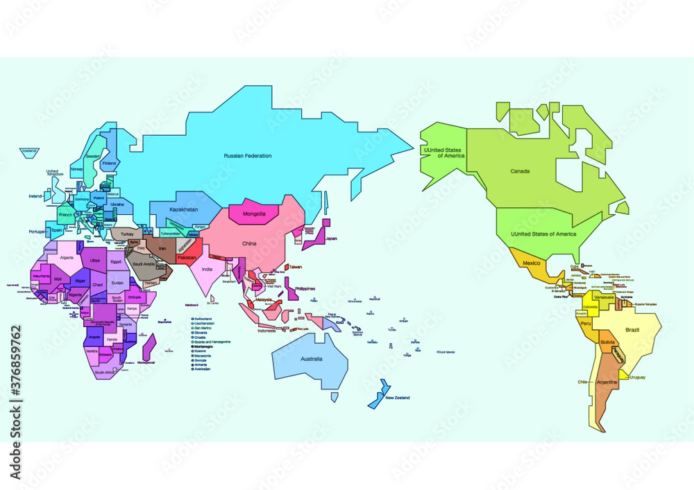 簡略化した世界地図　国別色分け　英字国名入り