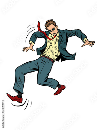 the man falls. slippery. businessman with a problem